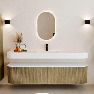 MONDIAZ THOR Meuble de salle de bains 190cm arrondi gauche + droite couleur Dusk avec 2 tiroirs et 2 portes. Vasque suspendue CLOUD Milieu 1 trou de robinet couleur Talc.