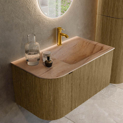 MONDIAZ KURVE-DLUX Meuble de salle de bains 85cm arrondi à gauche couleur Dusk avec 1 tiroir et 1 porte. Lavabo CLOUD à droite 1 trou de robinet Saba.