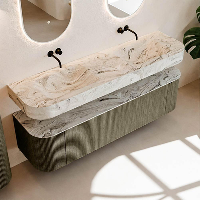 MONDIAZ THOR-DLUX Meuble de salle de bains - 170cm - arrondi gauche + droite - couleur Shadow - 1 tiroir - 2 portes - Vasque suspendue CLOUD Double sans trou de robinet - couleur Glace