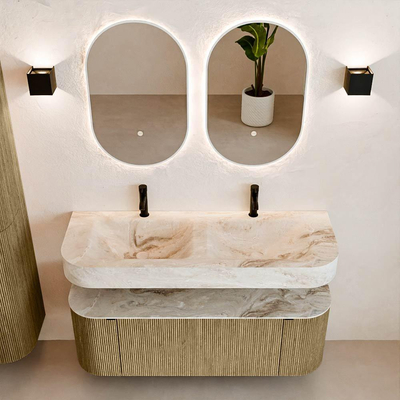 MONDIAZ THOR-DLUX 130cm meuble de salle de bains arrondi gauche + droite couleur Dusk avec 1 tiroir et 2 portes. Vasque suspendue CLOUD Double 2 trous de robinet couleur Frappe.