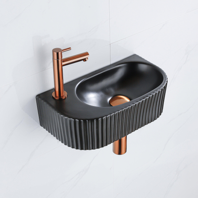 QeramiQ Fuente Ensemble lave-mains - 40x21.5x12cm - gauche - nervuré - semi-circulaire - 1 trou de robinet - céramique - robinet de lave-mains cuivre brossé - bonde - siphon réduit - noir mat