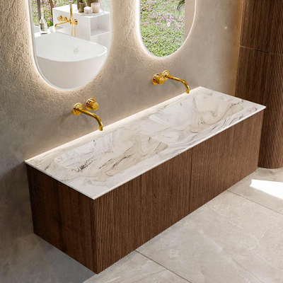 MONDIAZ KURVE-DLUX 130cm badmeubel kleur Walnut met 2 lades. Wastafel LEAF dubbel zonder kraangat kleur Glace.