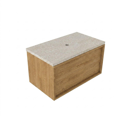 Saniclass Holz Frame Ensemble meuble de salle de bains - 80x45x43cm - Plan de toilette en pierre naturelle travertin - sans trou de robinetterie - 1 tiroir - chêne natural mat (bois)