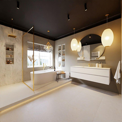 MONDIAZ VICA-DLUX Ensemble meuble de salle de bains - 150cm - meuble bas talc - 2 tiroirs - lavabo encastré cloud au milieu - 1 trou de robinet - version haute 60cm - opalo