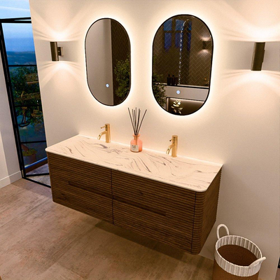 Mondiaz CIRO-DLUX Meuble de salle de bains - 140x45x50cm - Plan vasque solid surface Nata - 2 vasques Double - 2 perçages de robinetterie - 4 tiroirs - Dusk