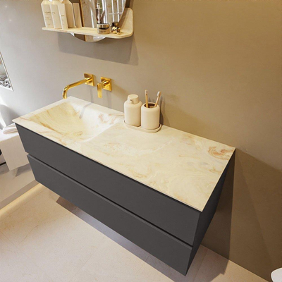 Mondiaz VICA-DLUX ensemble de meuble de salle de bain - 120cm - meuble sous-vasque gris foncé - 2 tiroirs - lavabo encastré cloud gauche - sans trous de robinet - version haute de 60cm - frape