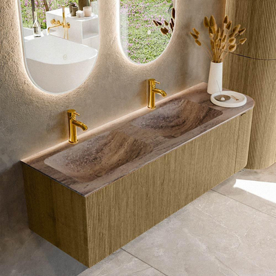 MONDIAZ KURVE-DLUX Meuble de salle de bains 145 cm arrondi à droite couleur Dusk avec 1 tiroir et 1 porte. Vasque LEAF Double / Gauche 2 trous de robinet Oza.