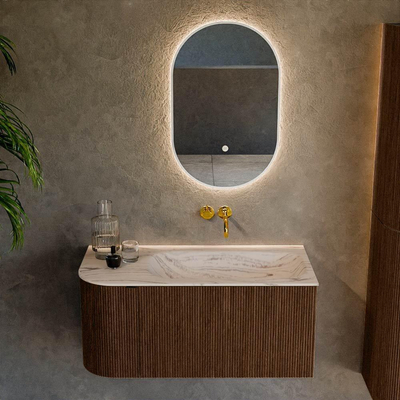 MONDIAZ KURVE-DLUX Meuble de salle de bains 95cm arrondi à gauche couleur Walnut avec 1 tiroir et 1 porte. Lavabo BIG SMALL à droite sans trou de robinet Nata.