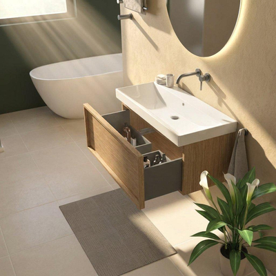 Saniclass Holz Frame Ensemble de meubles de salle de bains - 100x45x47.5cm - lavabo Wave en céramique - 1 vasque - sans trou de robinetterie - 1 tiroir - chêne naturel mat (bois)