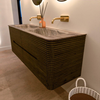 Mondiaz CIRO-DLUX Badkamermeubelset - 140x45x50cm - Solid surface wastafel Sombra - 2 wasbak Dubbel - zonder kraangaten - 4 lades - Shadow