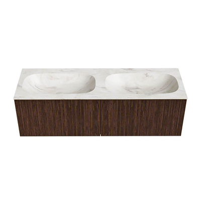 MONDIAZ KURVE-DLUX 140cm badmeubel kleur Walnut met 2 lades. Wastafel STOR SMALL dubbel 2 kraangaten kleur Ostra.
