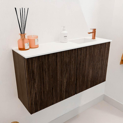 Mondiaz JOYA 80cm toiletmeubel - kleur Walnut - Wastafel FAYE positie Rechts 1 kraangat kleur Talc.