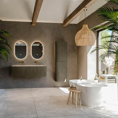 Ensemble de meuble de salle de bain Mondiaz KURVE-DLUX - 130x46x40cm - 2 tiroirs - lavabo en solid surface - double - sans trou de robinet - Shadow