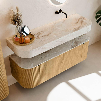 MONDIAZ THOR-DLUX 140cm badmeubel ronding links + rechts kleur Oak met 1 lade en 2 deuren. Vrijhangende wastafel CLOUD Rechts zonder kraangat kleur Frappe.