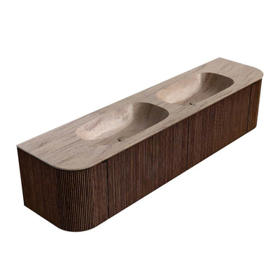 MONDIAZ KURVE-DLUX Meuble de salle de bains 190cm arrondi Gauche + Droite couleur Walnut avec 2 tiroirs et 2 portes. Lavabo STOR SMALL Double 2 trous de robinet Saba.