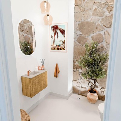 Mondiaz JOYA-DLUX 61.6cm toiletmeubel - ronding rechts kleur Oak - Wastafel FAYE positie Links 1 kraangat kleur Opalo.