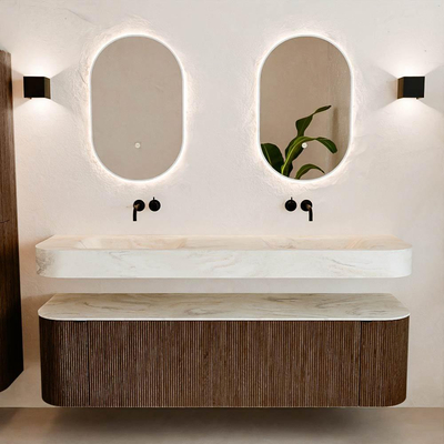 MONDIAZ THOR-DLUX 170cm meuble de salle de bains arrondi gauche + droite couleur Walnut avec 1 tiroir et 2 portes. Vasque suspendue CLOUD Double sans trou de robinet couleur Ostra.