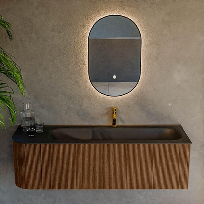 MONDIAZ KURVE 145cm Meuble salle de bain avec module 25 G - couleur Walnut - 1 tiroir - 1 porte - vasque BIG LARGE droite - 1 trou de robinet - Urban