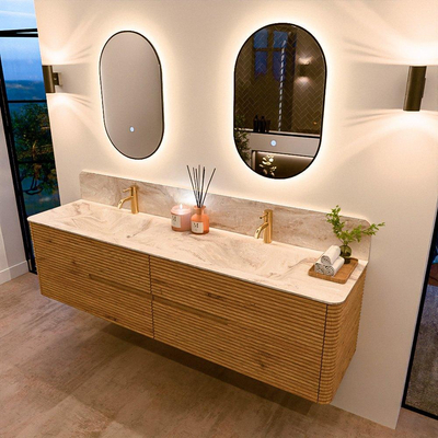 Mondiaz CIRO-DLUX Meuble de salle de bains complet - 190x45x50cm - Plan vasque solid surface Frappe - 2 vasques double - 2 perçages pour robinet - 4 tiroirs - Chêne