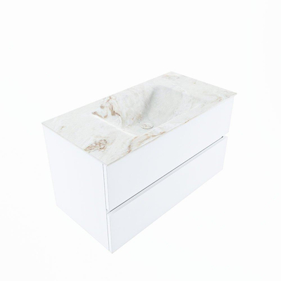 Mondiaz VICA-DLUX Ensemble de meuble de salle de bain - 90cm - meuble sous-vasque talc - 2 tiroirs - lavabo encastrée cloud milieu - sans trous de robinet - version haute de 60cm - frape