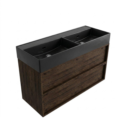 Saniclass Holz Frame Ensemble de meubles de salle de bains - 120x45x72cm - lavabo Legend en céramique noir mat - 2 vasques - sans trous de robinet - 2 tiroirs - chêne charcoal mat (bois)