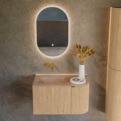 MONDIAZ KURVE-DLUX Meuble de salle de bains 75cm arrondi Droite couleur Chêne avec 1 tiroir et 1 porte. Lavabo GRUNNE Gauche sans trou de robinet Saba.