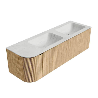 MONDIAZ KURVE-DLUX 145cm badmeubel met module 25 L kleur Oak met 1 lade en 1 deur. Wastafel LEAF dubbel / rechts 2 kraangaten kleur Opalo.