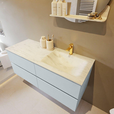 Mondiaz VICA-DLUX ensemble de meuble de salle de bain - 120cm - meuble sous-vasque argile - 4 tiroirs - lavabo encastré nuage droite - 1 trou de robinet - version haute de 60cm - opalo