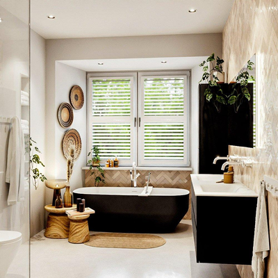 MONDIAZ VICA meuble sous lavabo 150cm Urban 4 tiroirs. Lavabo CLOUD double sans trou de robinet, couleur Talc.