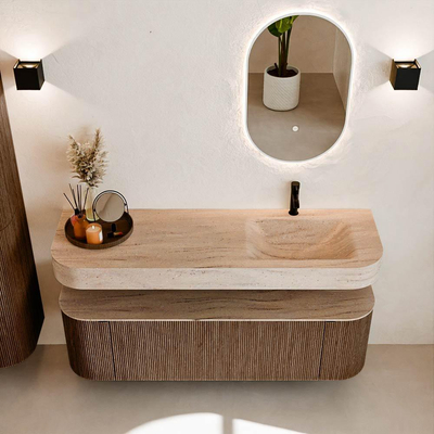 MONDIAZ THOR-DLUX 150cm badmeubel ronding links + rechts kleur Walnut met 1 lade en 2 deuren. Vrijhangende wastafel CLOUD Rechts 1 kraangat kleur Saba.