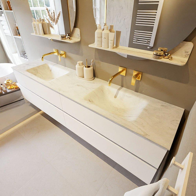 MONDIAZ VICA-DLUX Ensemble meuble de salle de bains - 200cm - meuble bas Talc - 4 tiroirs - lavabo encastré Cloud double - sans trous de robinet - version haute 60cm - Opalo