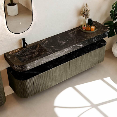 MONDIAZ THOR-DLUX 200cm meuble de salle de bains arrondi gauche + droite couleur Shadow avec 2 tiroirs et 2 portes. Vasque suspendue CLOUD Gauche 1 trou de robinet couleur Lava.