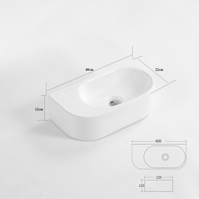 QeramiQ Pure Lave-mains - 40x22x12 cm - Lisse - demi-rond - sans trou de robinet - Céramique - Blanc brillant