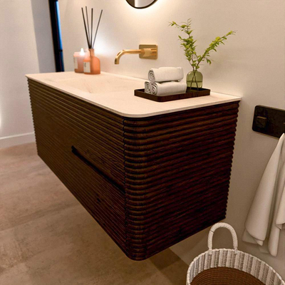 Mondiaz CIRO-DLUX Badkamermeubelset - 120x45x50cm - Solid surface wastafel Meli - 1 wasbak Midden - zonder kraangaten - 2 lades - Walnut