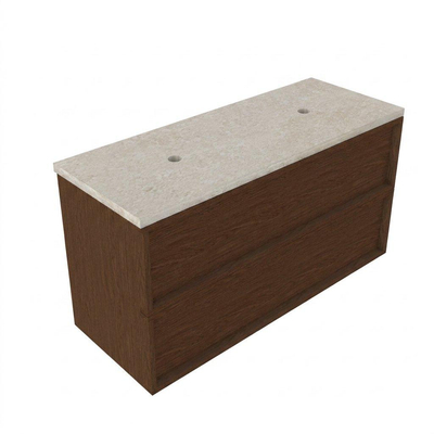 Saniclass Holz Frame Ensemble meuble de salle de bains - 120x45x63cm - Plan de travail en pierre naturelle travertin - sans trou de robinet - 2 tiroirs - mat walnut pure (bois)