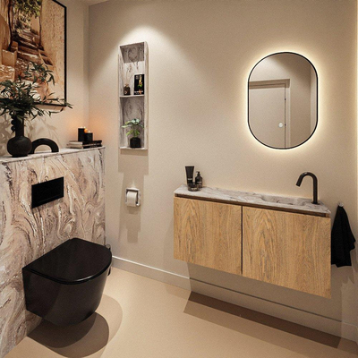 MONDIAZ TURE-DLUX meuble WC 100 cm Washed Oak. EDEN lavabo Glace position droite. Avec 1 trou de robinet.