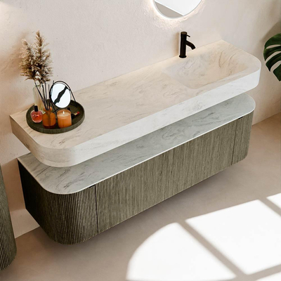 MONDIAZ THOR-DLUX 160cm meuble de salle de bains arrondi gauche + droite couleur Shadow avec 1 tiroir et 2 portes. Vasque suspendue CLOUD Droite 1 trou de robinet couleur Opalo.