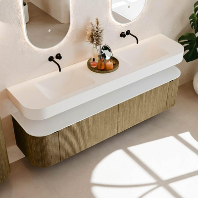 MONDIAZ THOR 190cm meuble de salle de bains arrondi gauche + droite couleur Dusk avec 2 tiroirs et 2 portes. Vasque suspendue CLOUD Double sans trou de robinet couleur Talc.