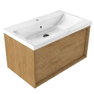 Saniclass Holz Frame Ensemble meuble de salle de bains - 80x45x43.5cm - Bari lavabo en céramique blanc - 1 vasque - 1 trou de robinetterie - 1 tiroir - chêne natural mat (bois)