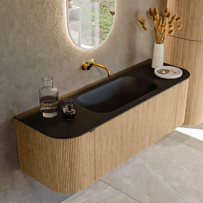 MONDIAZ KURVE 140cm badmeubel met module 25 Len R kleur Oak met 1 lade en 2 deuren. Wastafel BIG SMALL midden zonder kraangat Urban.