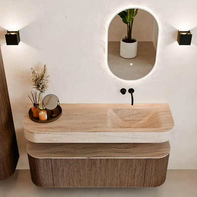 MONDIAZ THOR-DLUX 140cm meuble de salle de bains arrondi gauche + droite couleur Walnut avec 1 tiroir et 2 portes. Vasque suspendue CLOUD droite sans trou de robinet couleur Saba.