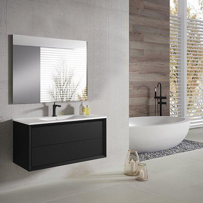 Saniclass Prime Core Ensemble meuble de salle de bains - 100x50x45cm - 1 vasque rectangulaire en céramique blanche - 1 trou de robinet - 2 tiroirs - miroir rectangulaire - noir mat
