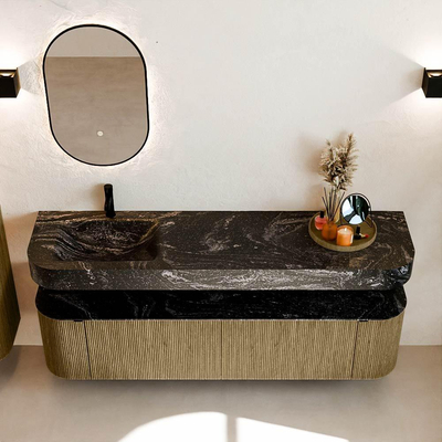 MONDIAZ THOR-DLUX 180cm meuble de salle de bains arrondi gauche + droite couleur Dusk avec 2 tiroirs et 2 portes. Vasque suspendue CLOUD Gauche 1 trou de robinet couleur Lava.