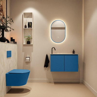 MONDIAZ TURE-DLUX Meuble toilette - 80cm - Jeans - EDEN - vasque Ostra - position gauche - 1 trou de robinet