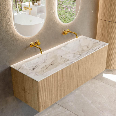 MONDIAZ KURVE-DLUX 130cm Meuble salle de bain - couleur Oak - 2 tiroirs - vasque LEAF double - sans trou de robinet - couleur Glace