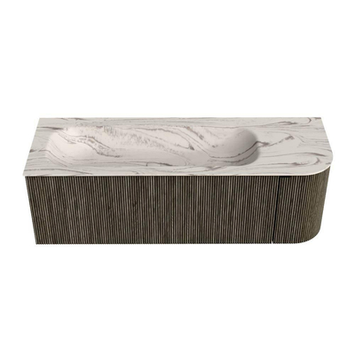 MONDIAZ KURVE-DLUX Meuble de salle de bains 135cm arrondi à droite couleur Shadow avec 1 tiroir et 1 porte. Lavabo BIG MEDIUM gauche 1 trou de robinet Nata.