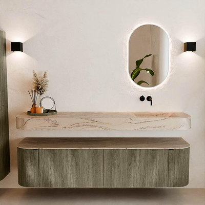 MONDIAZ THOR-DLUX 180cm meuble de salle de bains arrondi gauche + droite couleur Shadow avec 2 tiroirs et 2 portes. Vasque suspendue CLOUD Droite sans trou de robinet couleur Arena.