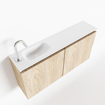 MONDIAZ TURE Toiletmeubel 100x23x50cm met 1 kraangaten 2 deuren washed oak mat Wastafel Eden links Solid Surface Wit