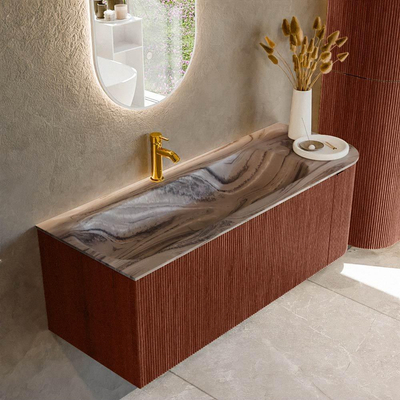 MONDIAZ KURVE-DLUX Meuble de salle de bains 125cm arrondi Droite couleur Ruby avec 1 tiroir et 1 porte. Lavabo BIG MEDIUM Gauche 1 trou de robinet Sombra.