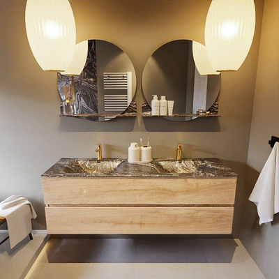 Mondiaz VICA-DLUX ensemble de meuble de salle de bain - 150cm - meuble sous-vasque chêne blanchi - 2 tiroirs - lavabo encastré cloud double - 2 trous de robinet - miroir modèle spot - version XL 60cm de haut - lave